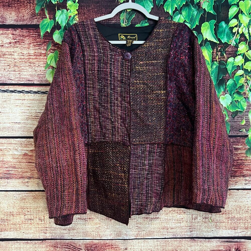 Vintage Mirasol Patchwork Tweed Jacket Womens XL Wool Blend Purple Brown